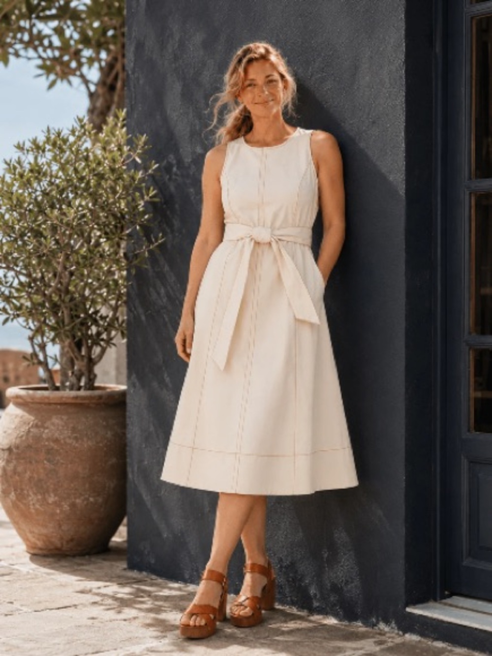 NWT Lesley Evers Cream Sleeveless Belted Midi Dress